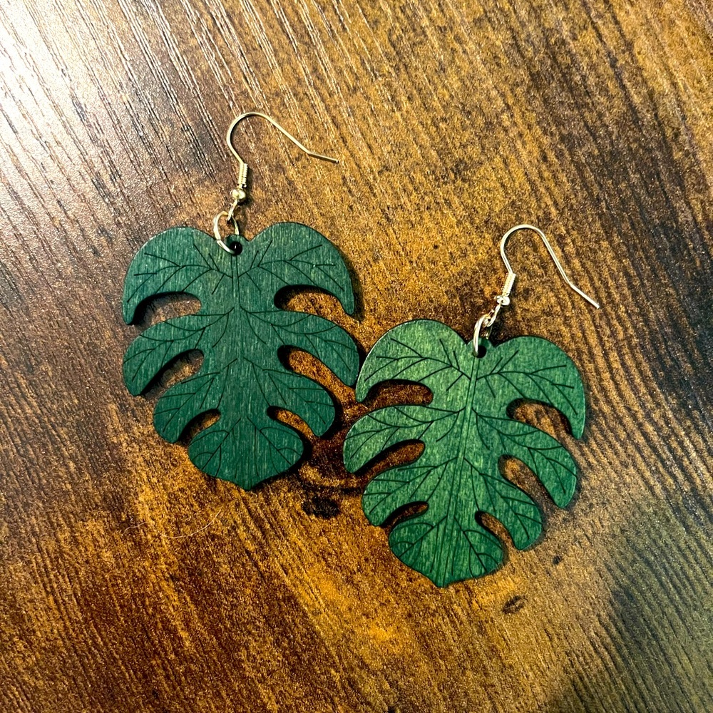Green Leaf Vibrant Wooden Dangle Earrings